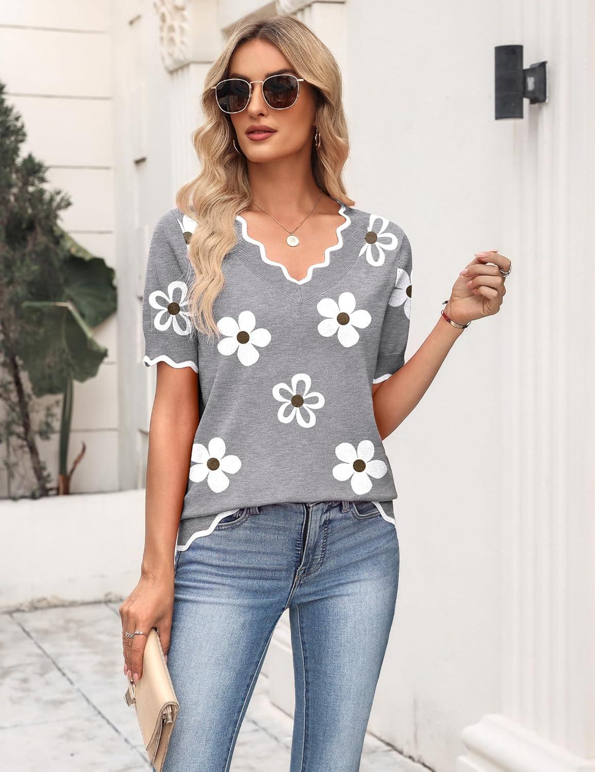 imageZeagoo Womens Short Sleeve Sweater 2026 Spring Summer V Neck Lightweight Tops Dressy Blouses Business Casual OutfitsAflower Grey