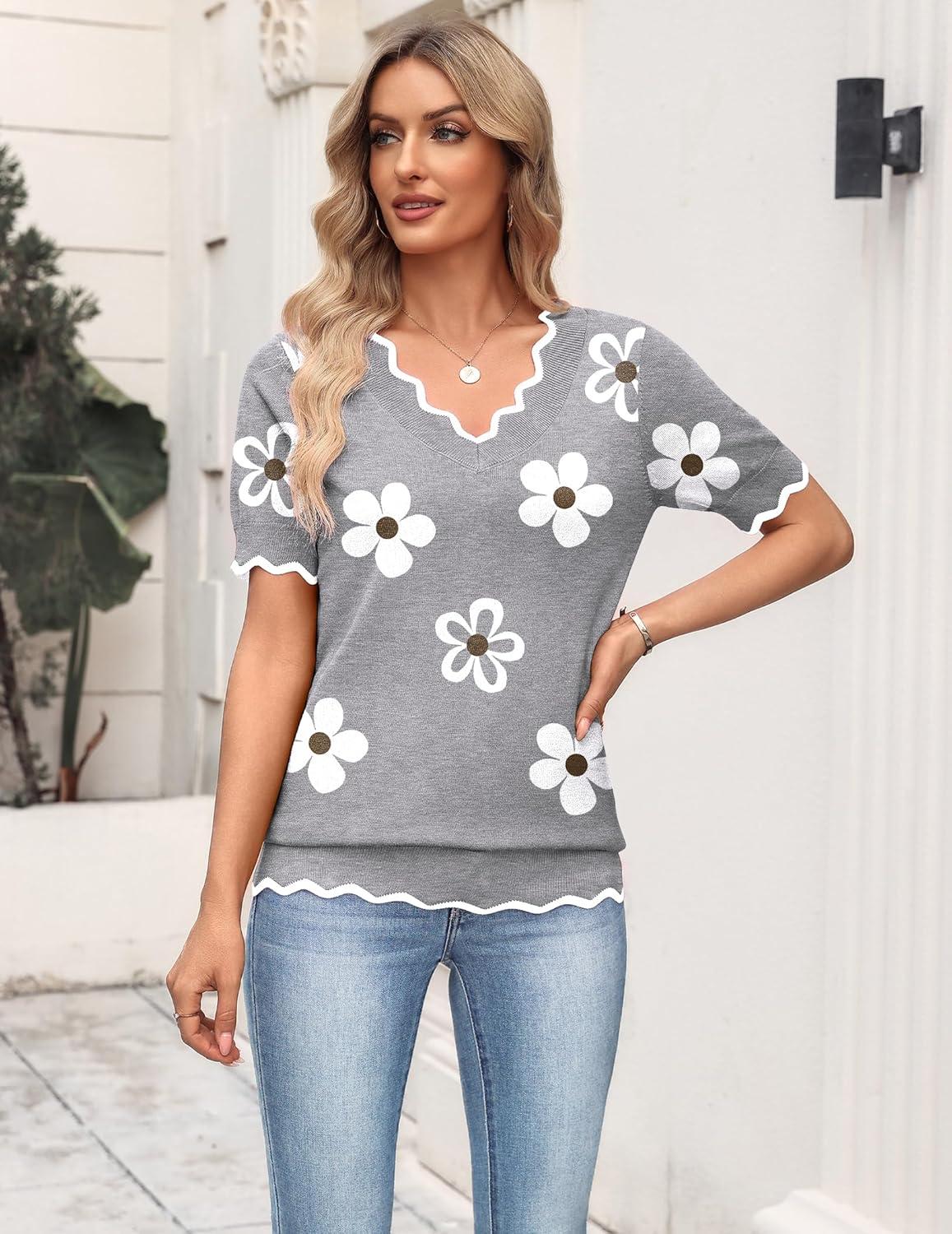imageZeagoo Womens Short Sleeve Sweater 2026 Spring Summer V Neck Lightweight Tops Dressy Blouses Business Casual OutfitsAflower Grey