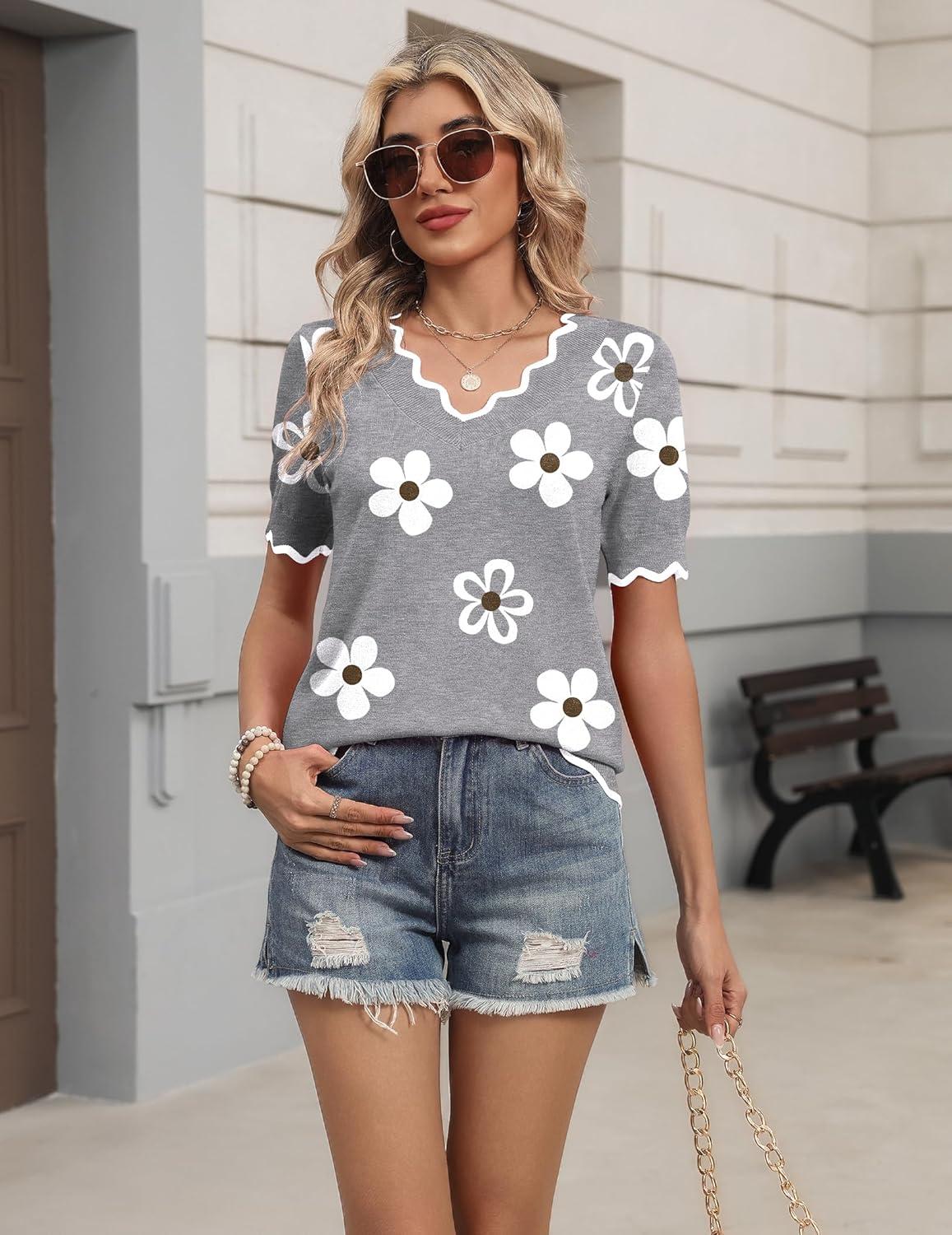 imageZeagoo Womens Short Sleeve Sweater 2026 Spring Summer V Neck Lightweight Tops Dressy Blouses Business Casual OutfitsAflower Grey
