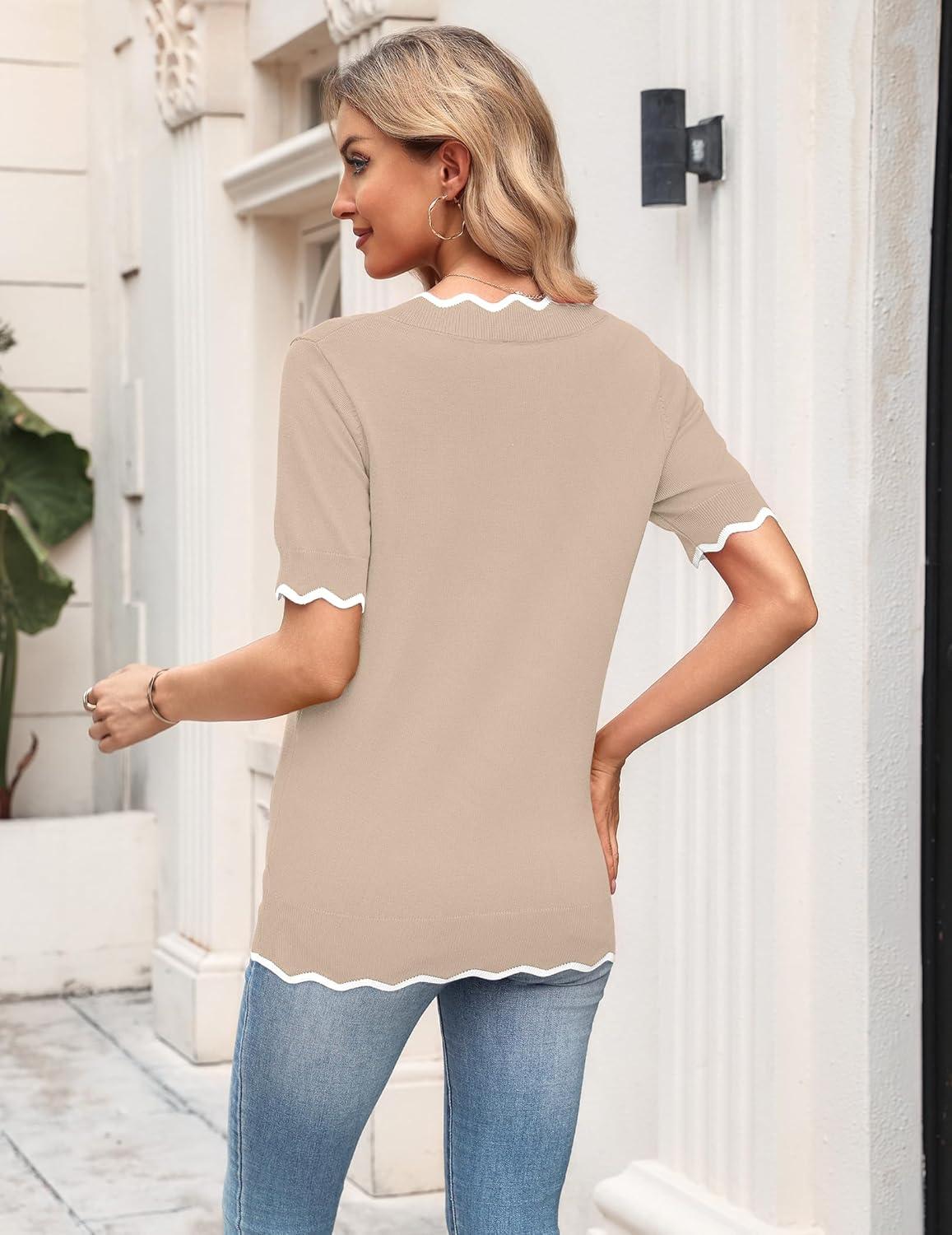 imageZeagoo Womens Short Sleeve Sweater 2026 Spring Summer V Neck Lightweight Tops Dressy Blouses Business Casual OutfitsApricot