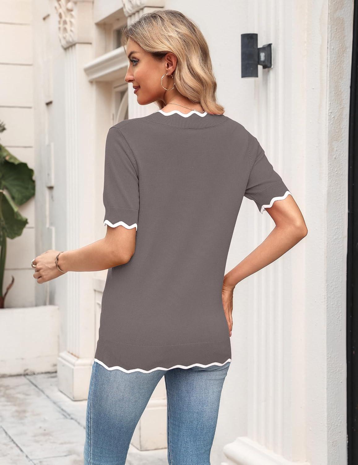 imageZeagoo Womens Short Sleeve Sweater 2026 Spring Summer V Neck Lightweight Tops Dressy Blouses Business Casual OutfitsBrown