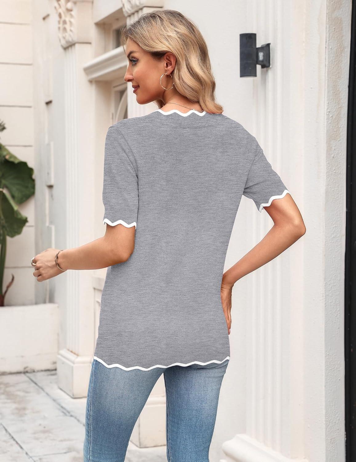 imageZeagoo Womens Short Sleeve Sweater 2026 Spring Summer V Neck Lightweight Tops Dressy Blouses Business Casual OutfitsGrey