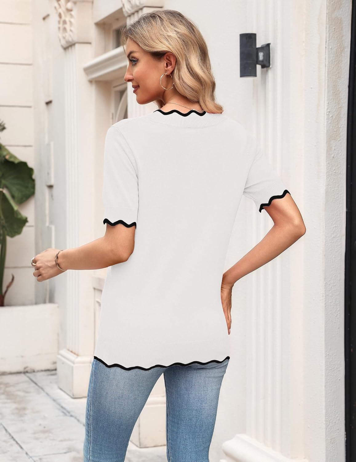 imageZeagoo Womens Short Sleeve Sweater 2026 Spring Summer V Neck Lightweight Tops Dressy Blouses Business Casual OutfitsWhite