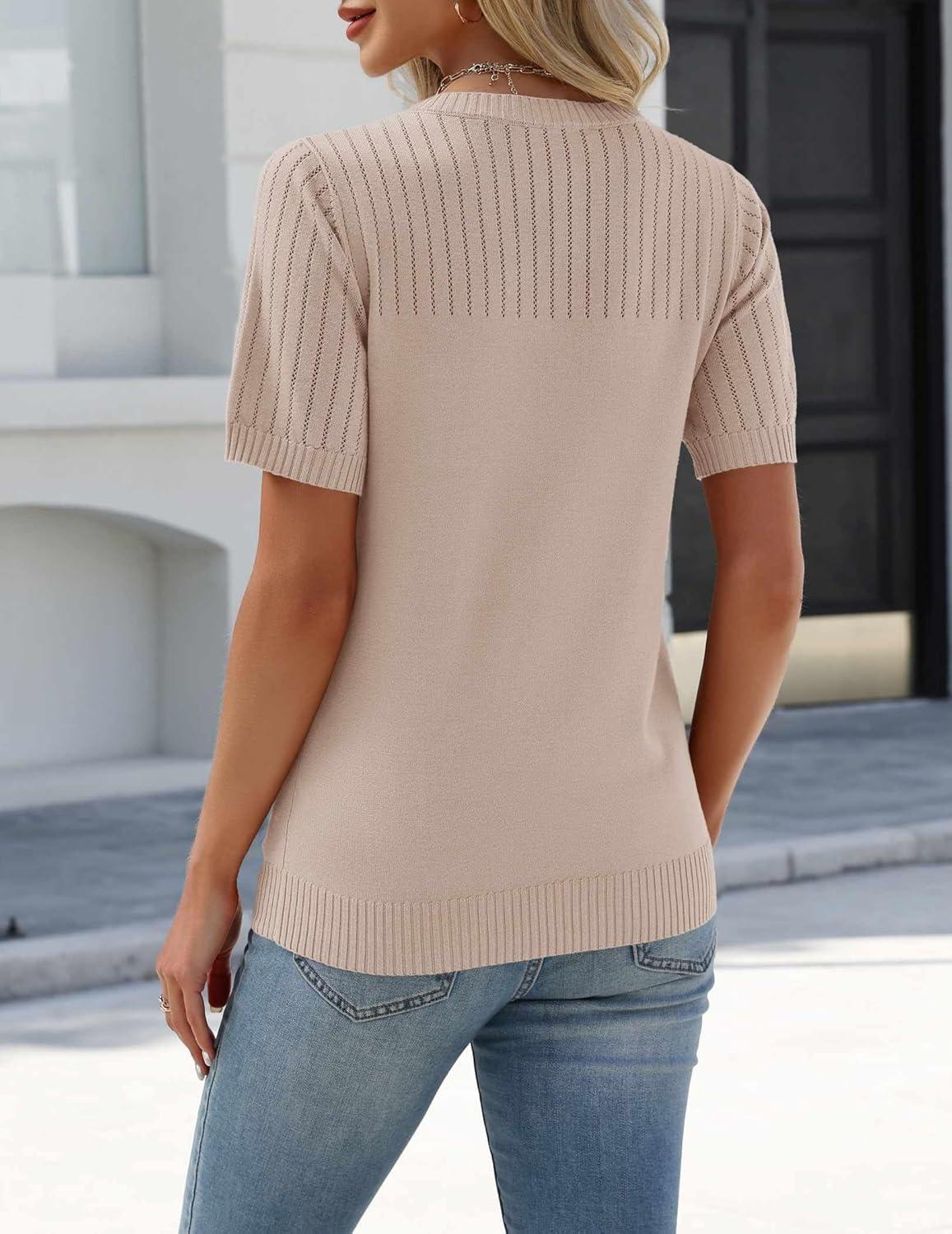imageZeagoo Womens Short Sleeve Sweater Tops 2026 Spring Summer Crew Neck Hollow Out Blouses Dressy Business Casual OutfitsBeige