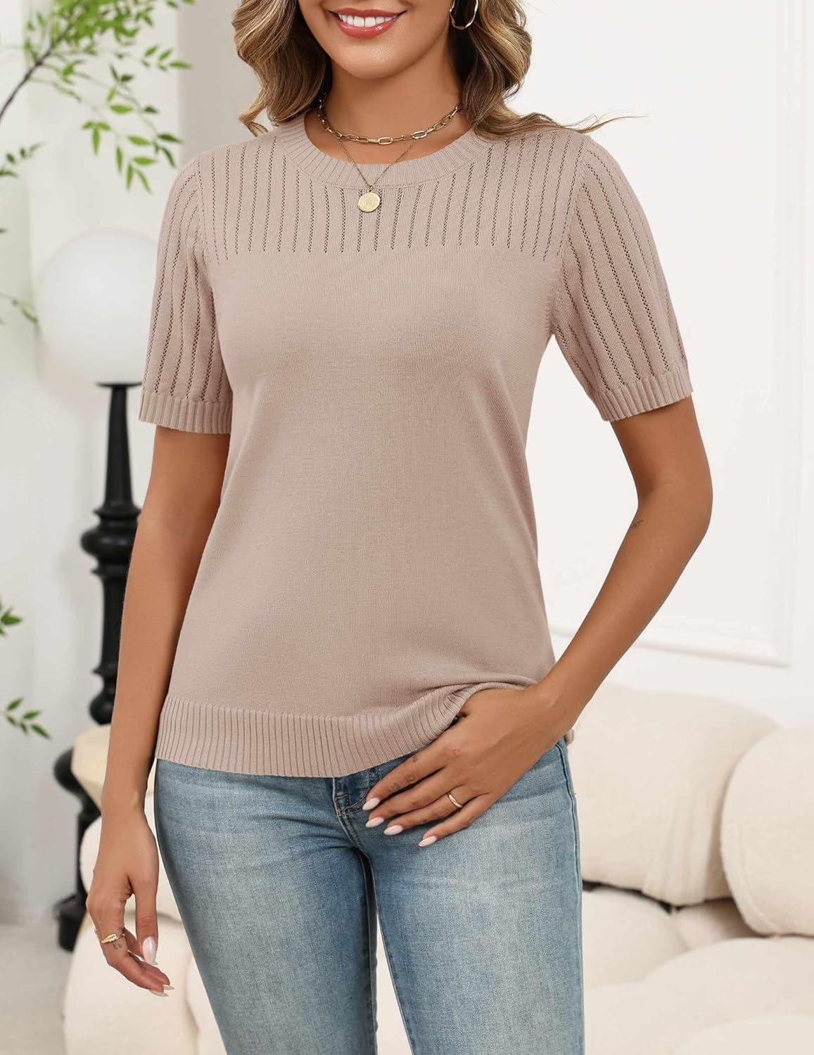imageZeagoo Womens Short Sleeve Sweater Tops 2026 Spring Summer Crew Neck Hollow Out Blouses Dressy Business Casual OutfitsBeige