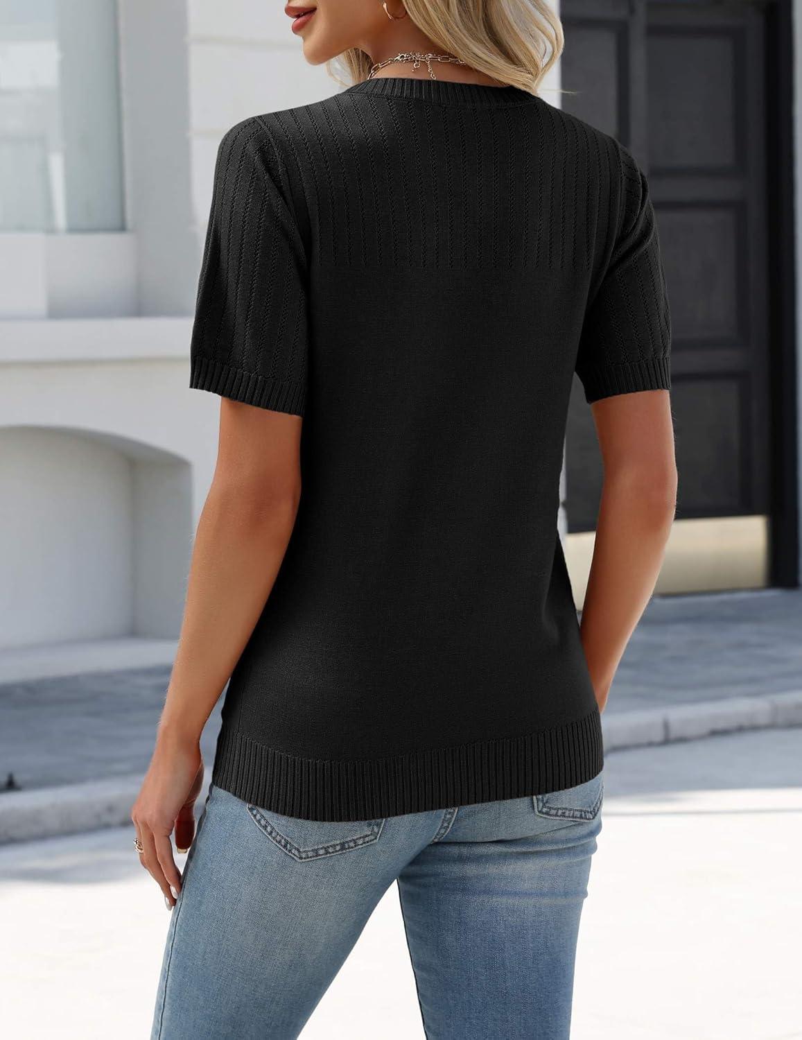 imageZeagoo Womens Short Sleeve Sweater Tops 2026 Spring Summer Crew Neck Hollow Out Blouses Dressy Business Casual OutfitsBlack