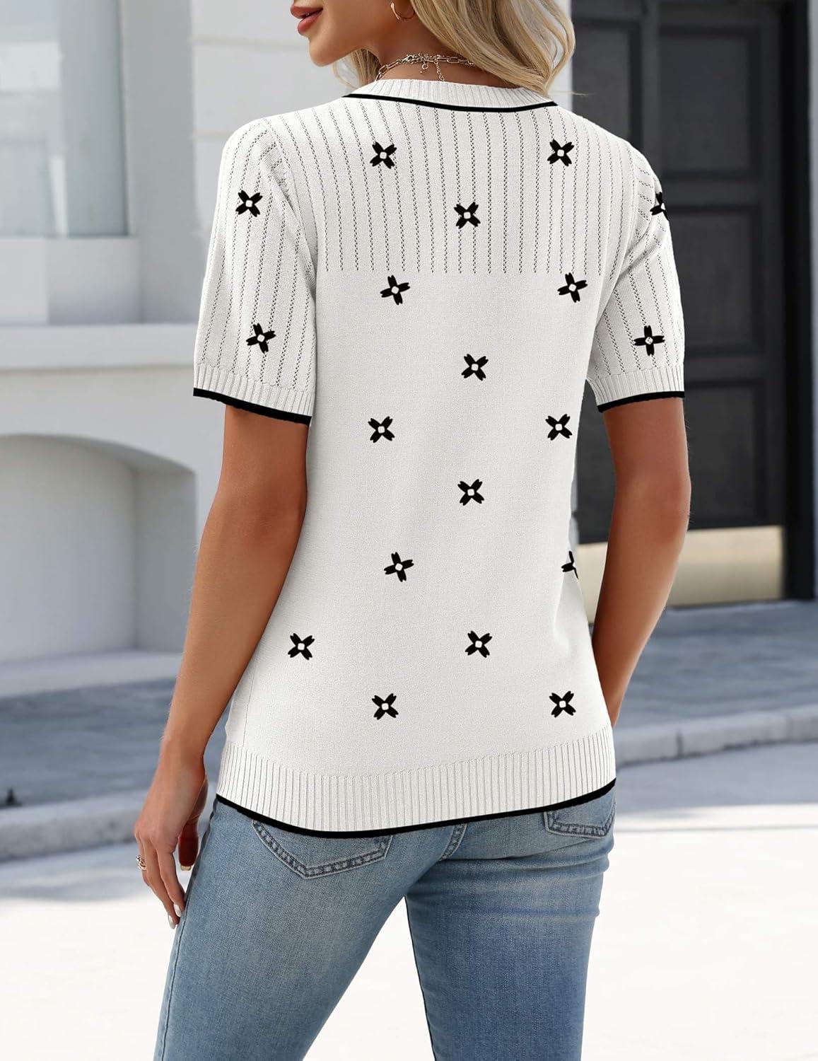 imageZeagoo Womens Short Sleeve Sweater Tops 2026 Spring Summer Crew Neck Hollow Out Blouses Dressy Business Casual OutfitsBlack Flower