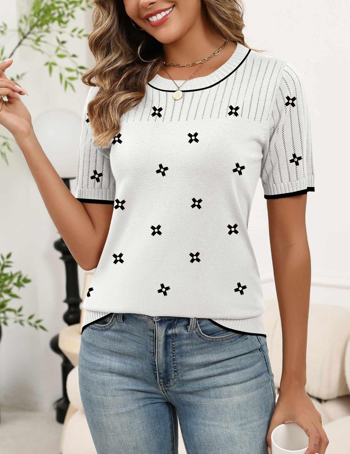 imageZeagoo Womens Short Sleeve Sweater Tops 2026 Spring Summer Crew Neck Hollow Out Blouses Dressy Business Casual OutfitsBlack Flower