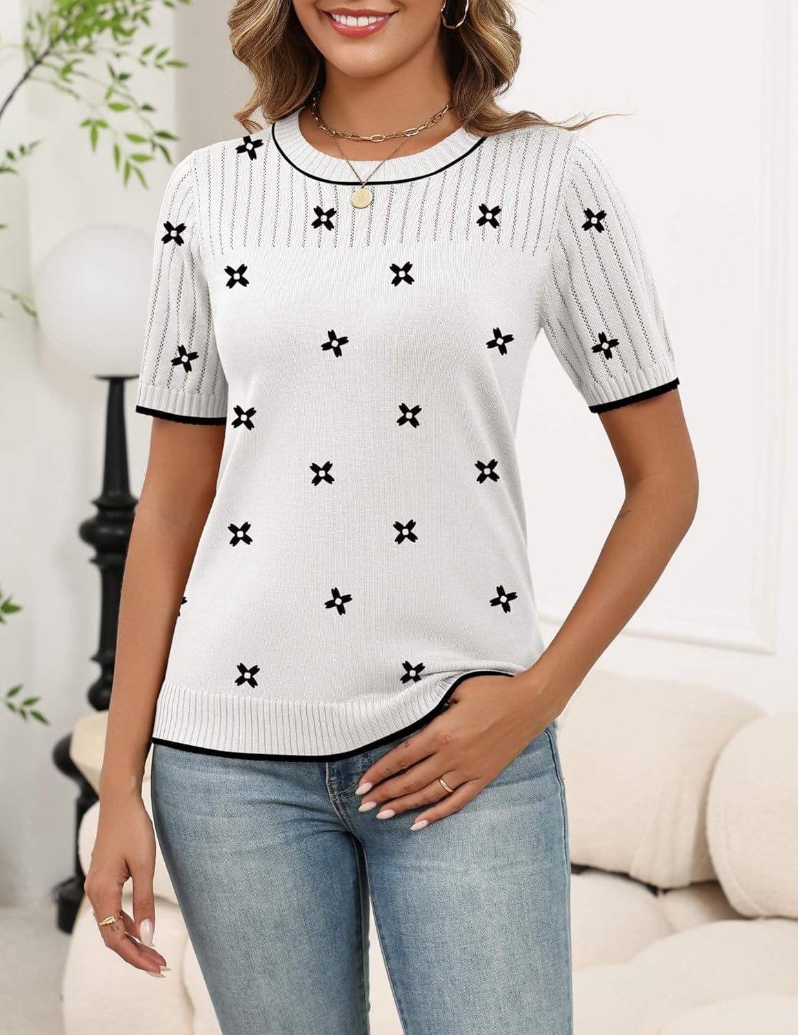 imageZeagoo Womens Short Sleeve Sweater Tops 2026 Spring Summer Crew Neck Hollow Out Blouses Dressy Business Casual OutfitsBlack Flower