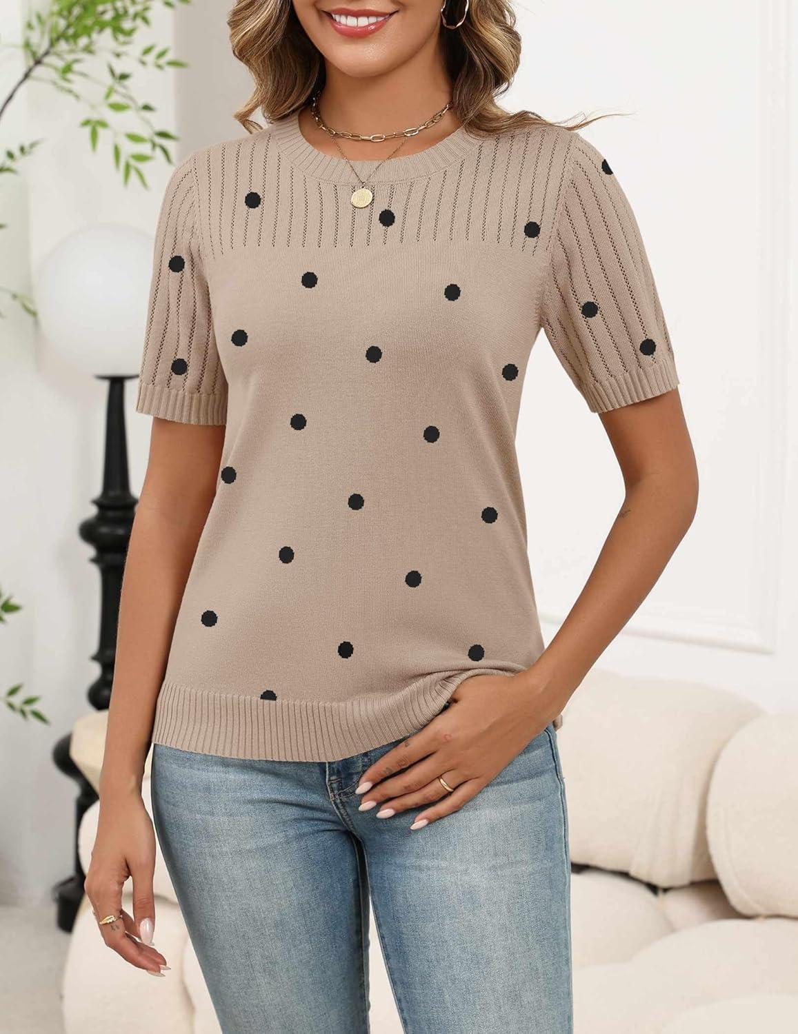 imageZeagoo Womens Short Sleeve Sweater Tops 2026 Spring Summer Crew Neck Hollow Out Blouses Dressy Business Casual OutfitsBlack Polka Dots