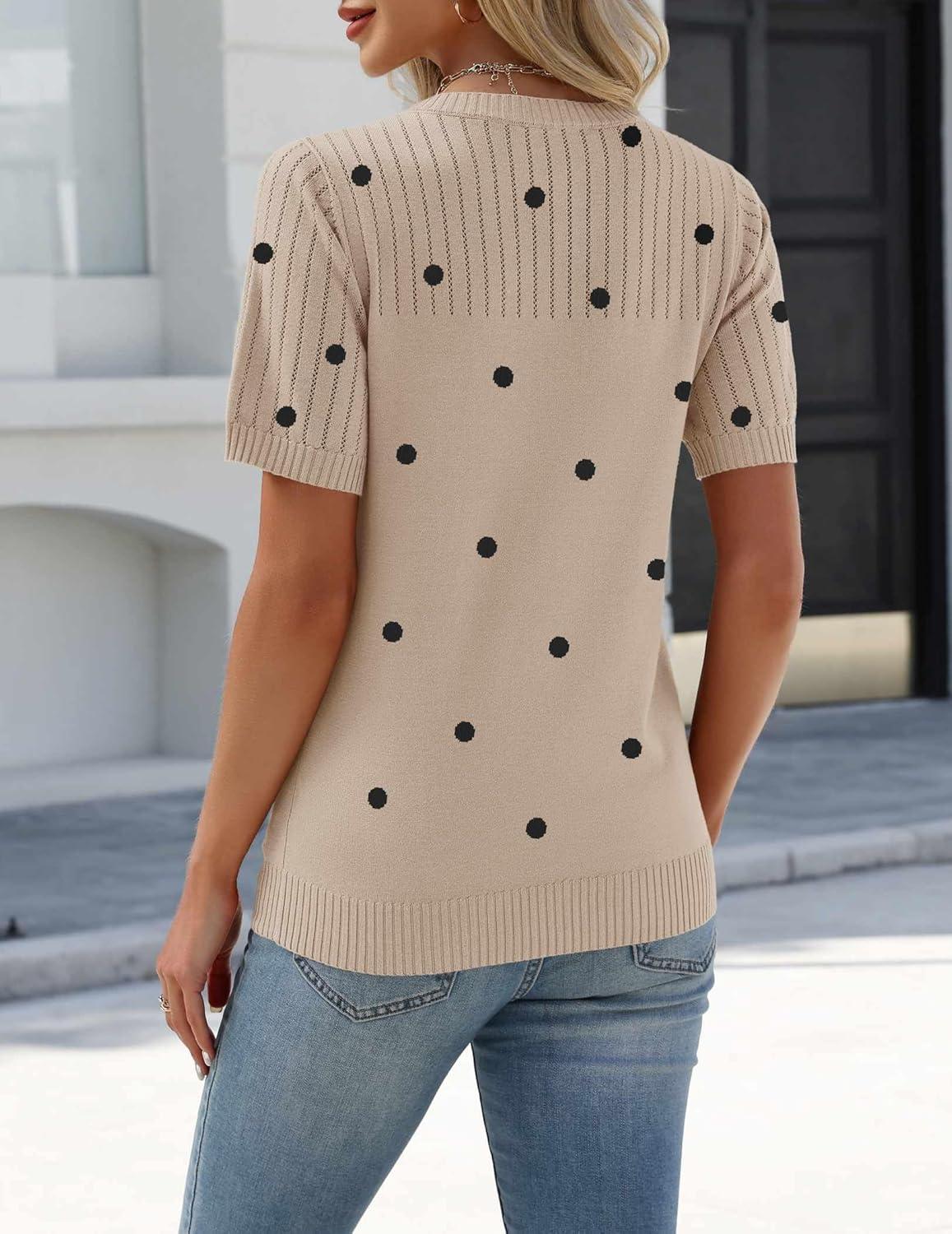 imageZeagoo Womens Short Sleeve Sweater Tops 2026 Spring Summer Crew Neck Hollow Out Blouses Dressy Business Casual OutfitsBlack Polka Dots