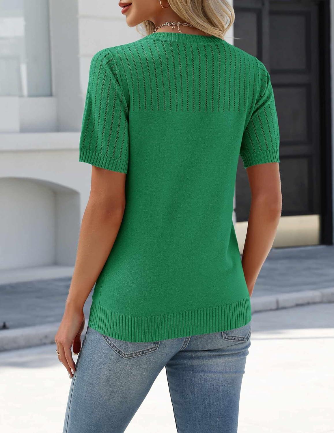 imageZeagoo Womens Short Sleeve Sweater Tops 2026 Spring Summer Crew Neck Hollow Out Blouses Dressy Business Casual OutfitsGreen