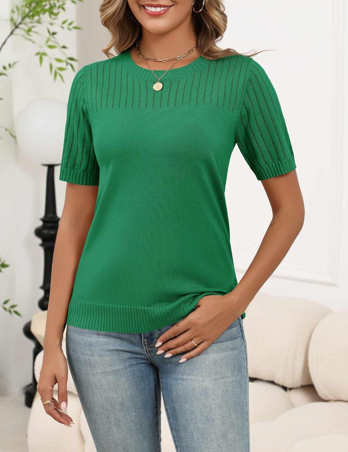 imageZeagoo Womens Short Sleeve Sweater Tops 2026 Spring Summer Crew Neck Hollow Out Blouses Dressy Business Casual OutfitsGreen