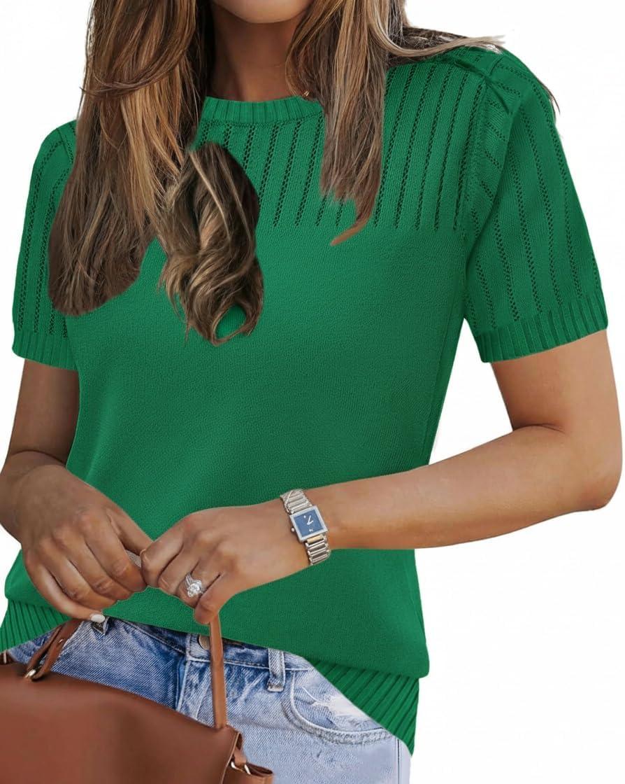 imageZeagoo Womens Short Sleeve Sweater Tops 2026 Spring Summer Crew Neck Hollow Out Blouses Dressy Business Casual OutfitsGreen