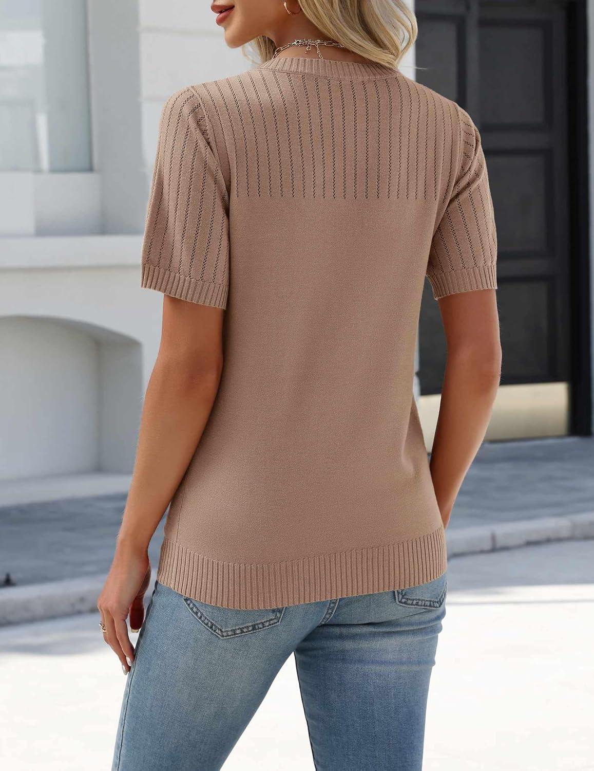 imageZeagoo Womens Short Sleeve Sweater Tops 2026 Spring Summer Crew Neck Hollow Out Blouses Dressy Business Casual OutfitsKhaki
