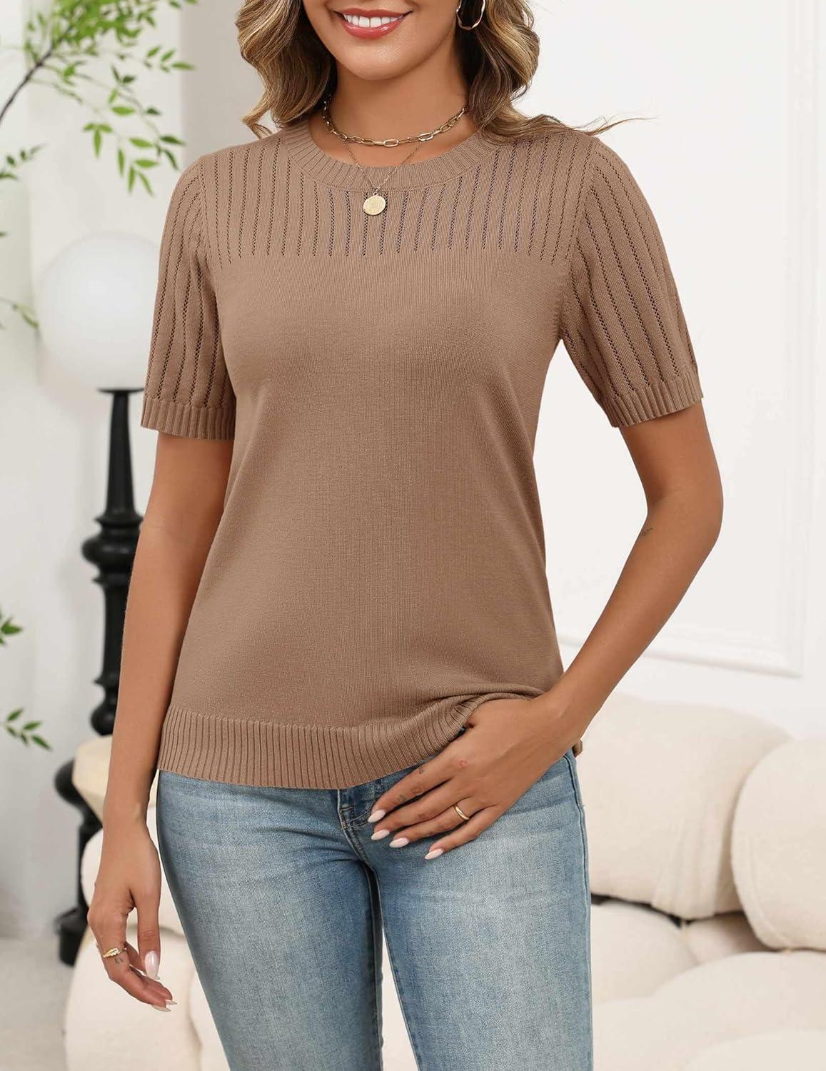 imageZeagoo Womens Short Sleeve Sweater Tops 2026 Spring Summer Crew Neck Hollow Out Blouses Dressy Business Casual OutfitsKhaki