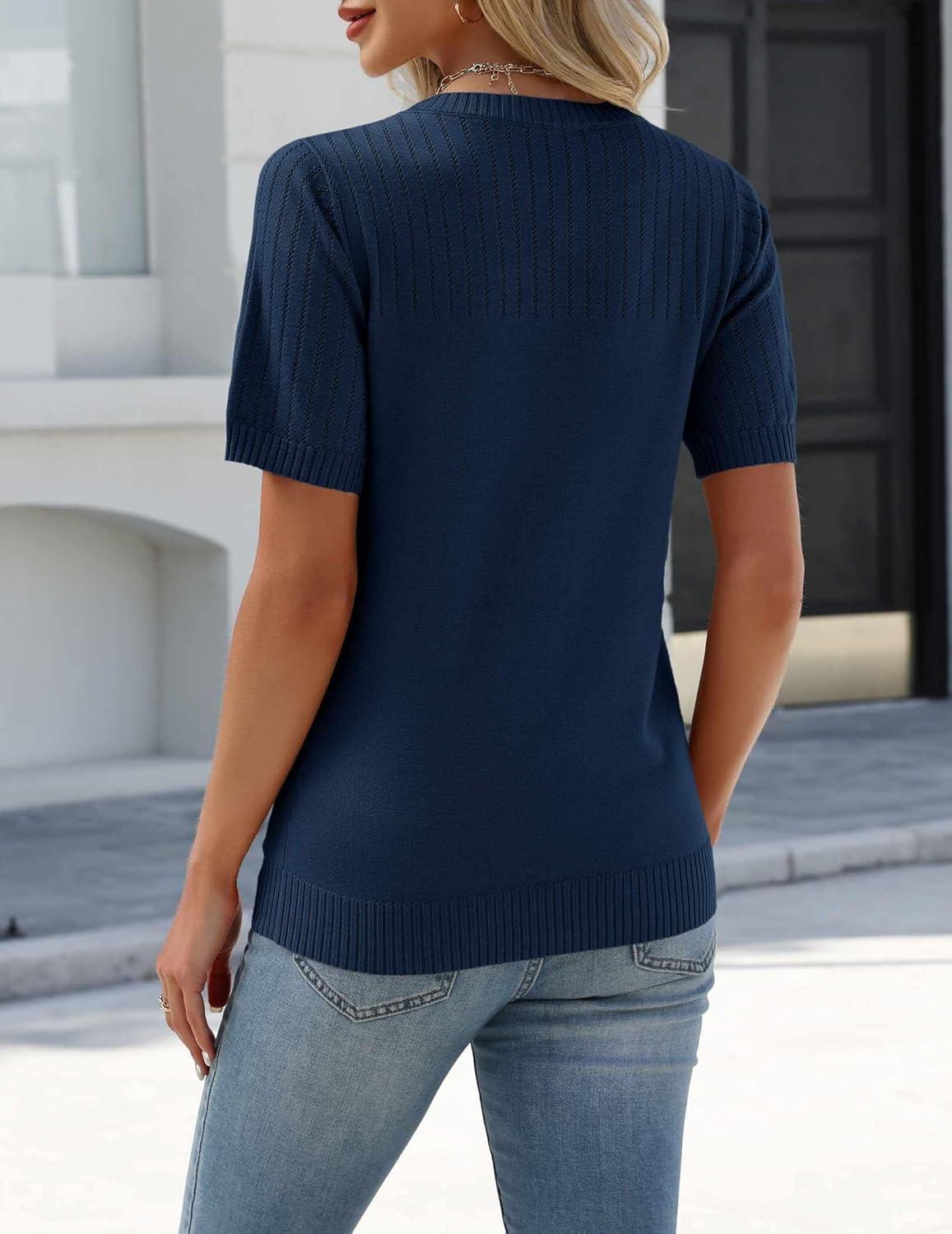 imageZeagoo Womens Short Sleeve Sweater Tops 2026 Spring Summer Crew Neck Hollow Out Blouses Dressy Business Casual OutfitsNavy