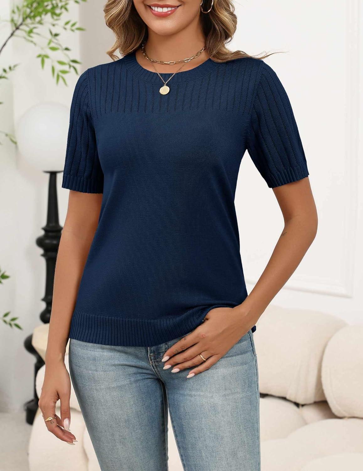 imageZeagoo Womens Short Sleeve Sweater Tops 2026 Spring Summer Crew Neck Hollow Out Blouses Dressy Business Casual OutfitsNavy