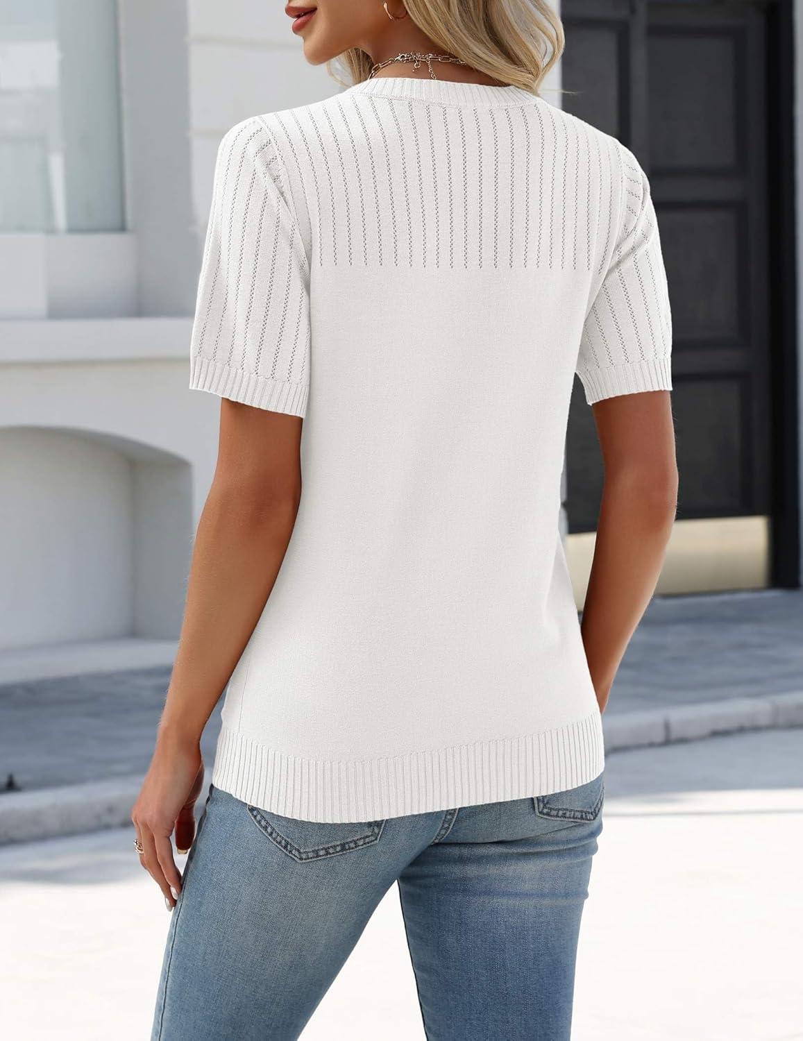 imageZeagoo Womens Short Sleeve Sweater Tops 2026 Spring Summer Crew Neck Hollow Out Blouses Dressy Business Casual OutfitsWhite