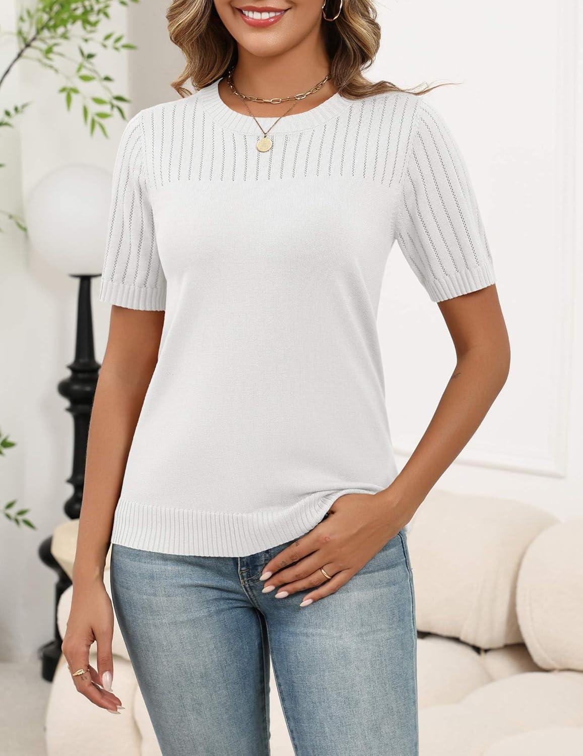 imageZeagoo Womens Short Sleeve Sweater Tops 2026 Spring Summer Crew Neck Hollow Out Blouses Dressy Business Casual OutfitsWhite