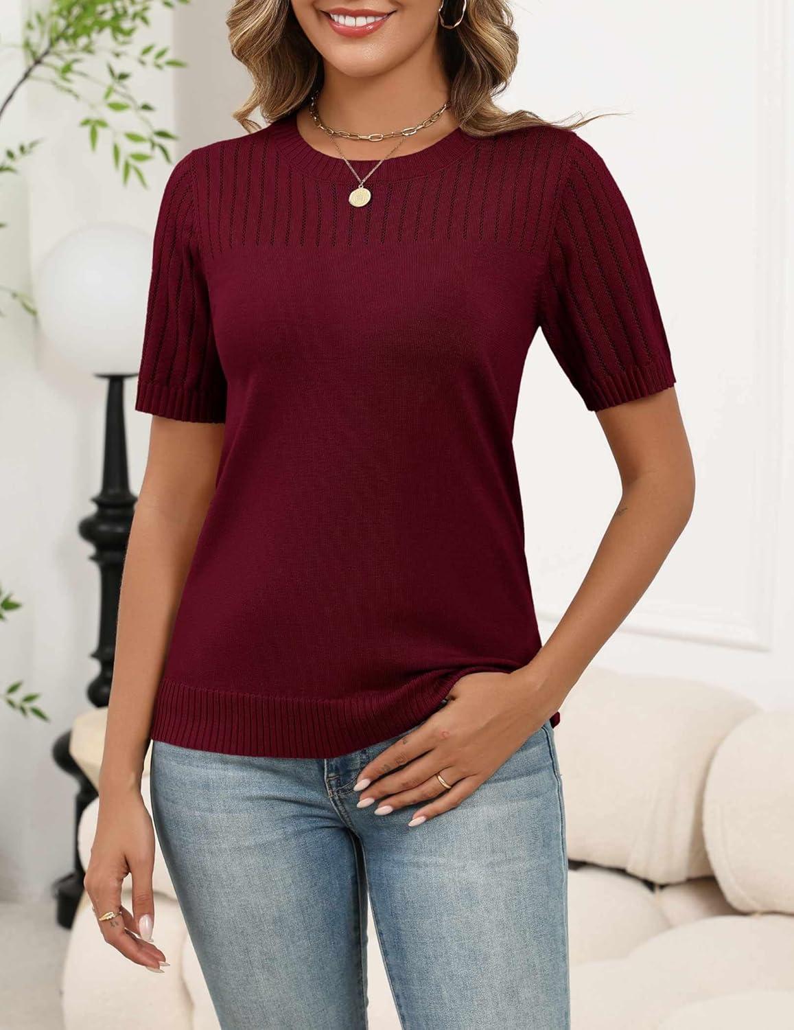 imageZeagoo Womens Short Sleeve Sweater Tops 2026 Spring Summer Crew Neck Hollow Out Blouses Dressy Business Casual OutfitsWine Red