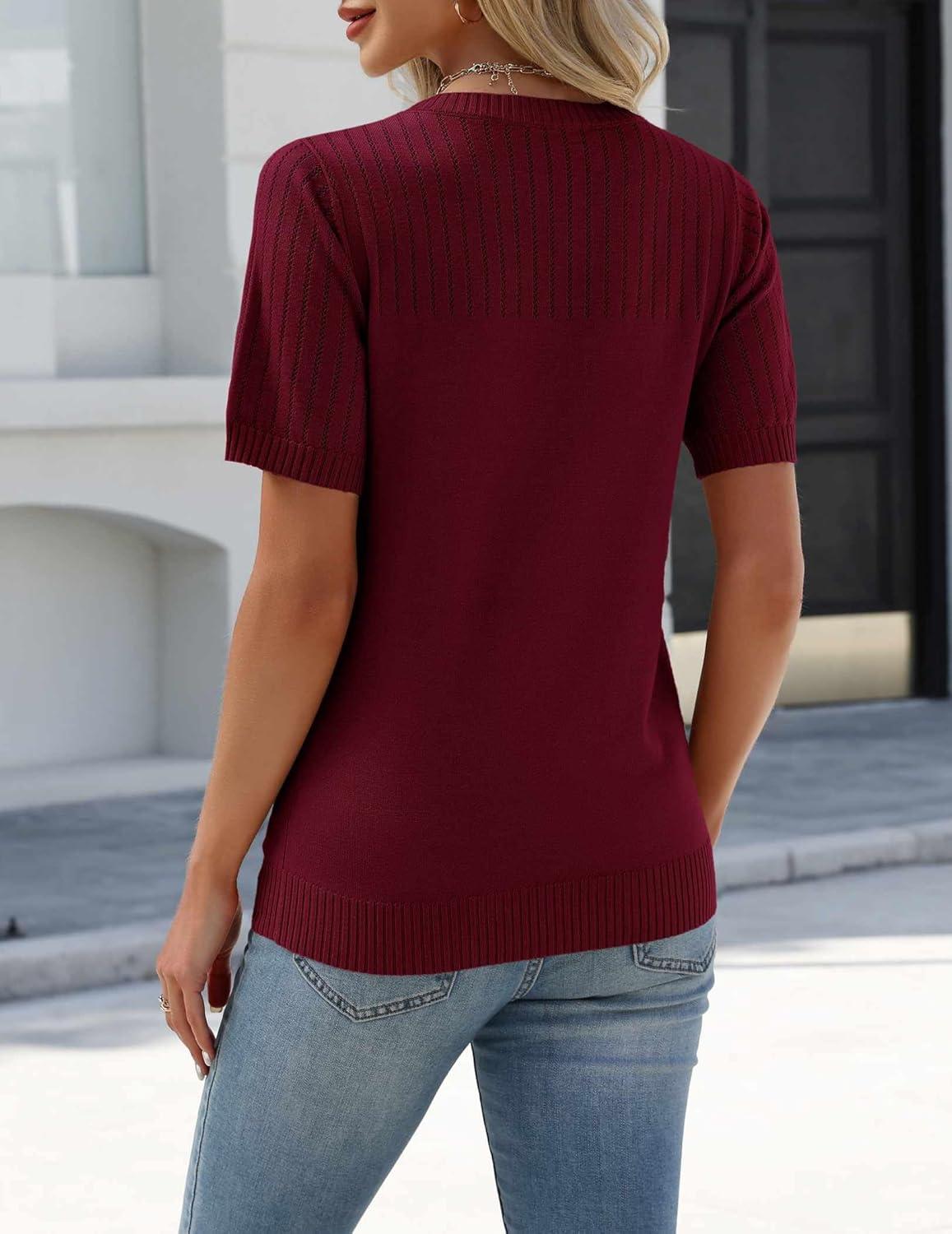 imageZeagoo Womens Short Sleeve Sweater Tops 2026 Spring Summer Crew Neck Hollow Out Blouses Dressy Business Casual OutfitsWine Red