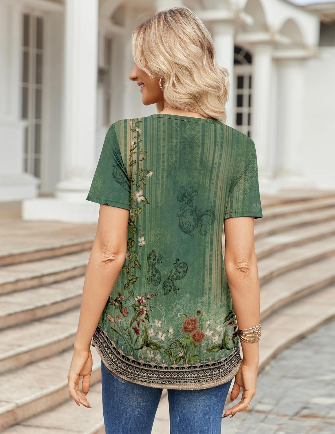 imageZeagoo Womens Short Sleeve Tops Summer Henley VNeck Tshirts Casual Pleated Blouse Dressy Loose Floral Basic Tee01green Ethnic Pattern