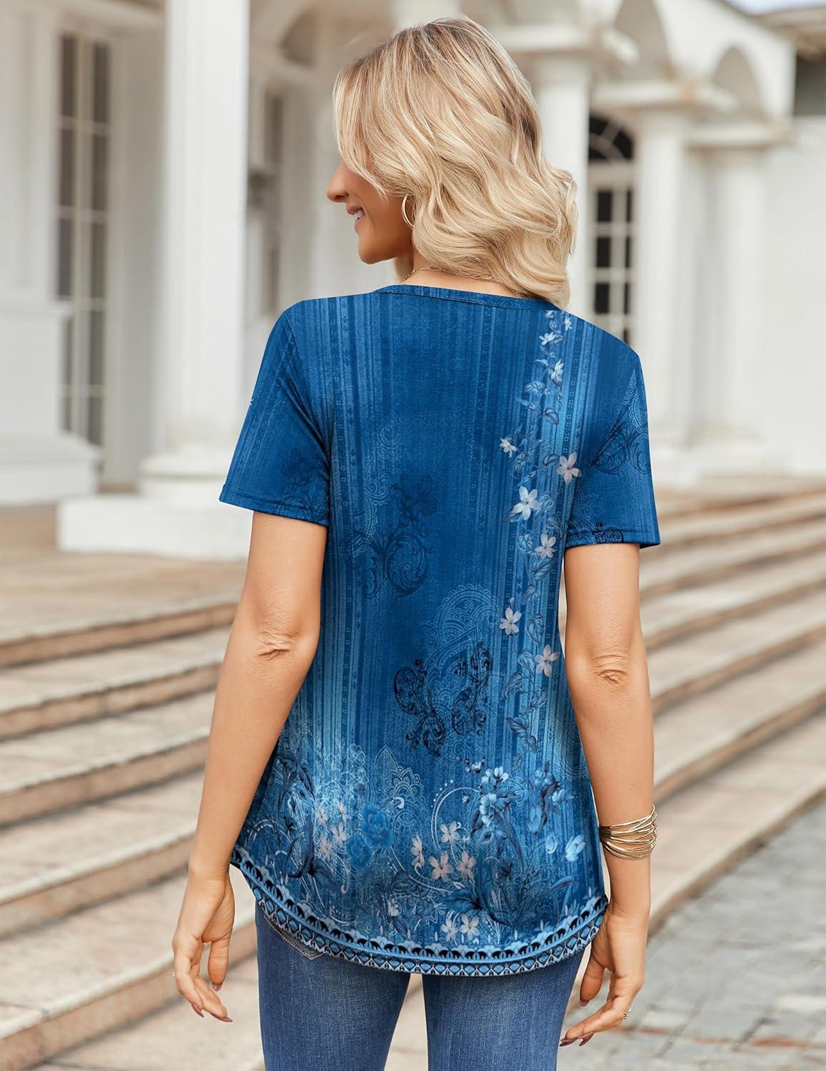 imageZeagoo Womens Short Sleeve Tops Summer Henley VNeck Tshirts Casual Pleated Blouse Dressy Loose Floral Basic TeeBlue Ethnic Floral