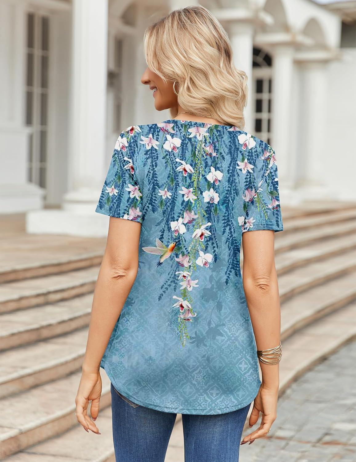 imageZeagoo Womens Short Sleeve Tops Summer Henley VNeck Tshirts Casual Pleated Blouse Dressy Loose Floral Basic TeeBlue Flowers