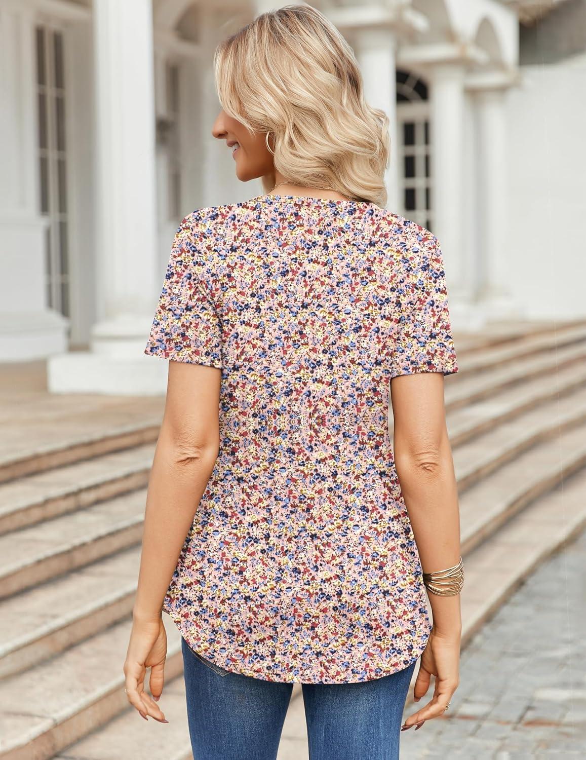 imageZeagoo Womens Short Sleeve Tops Summer Henley VNeck Tshirts Casual Pleated Blouse Dressy Loose Floral Basic TeeBlue Pink Floral