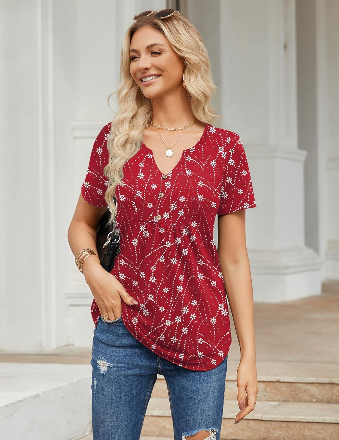 imageZeagoo Womens Short Sleeve Tops Summer Henley VNeck Tshirts Casual Pleated Blouse Dressy Loose Floral Basic TeeRed Floral