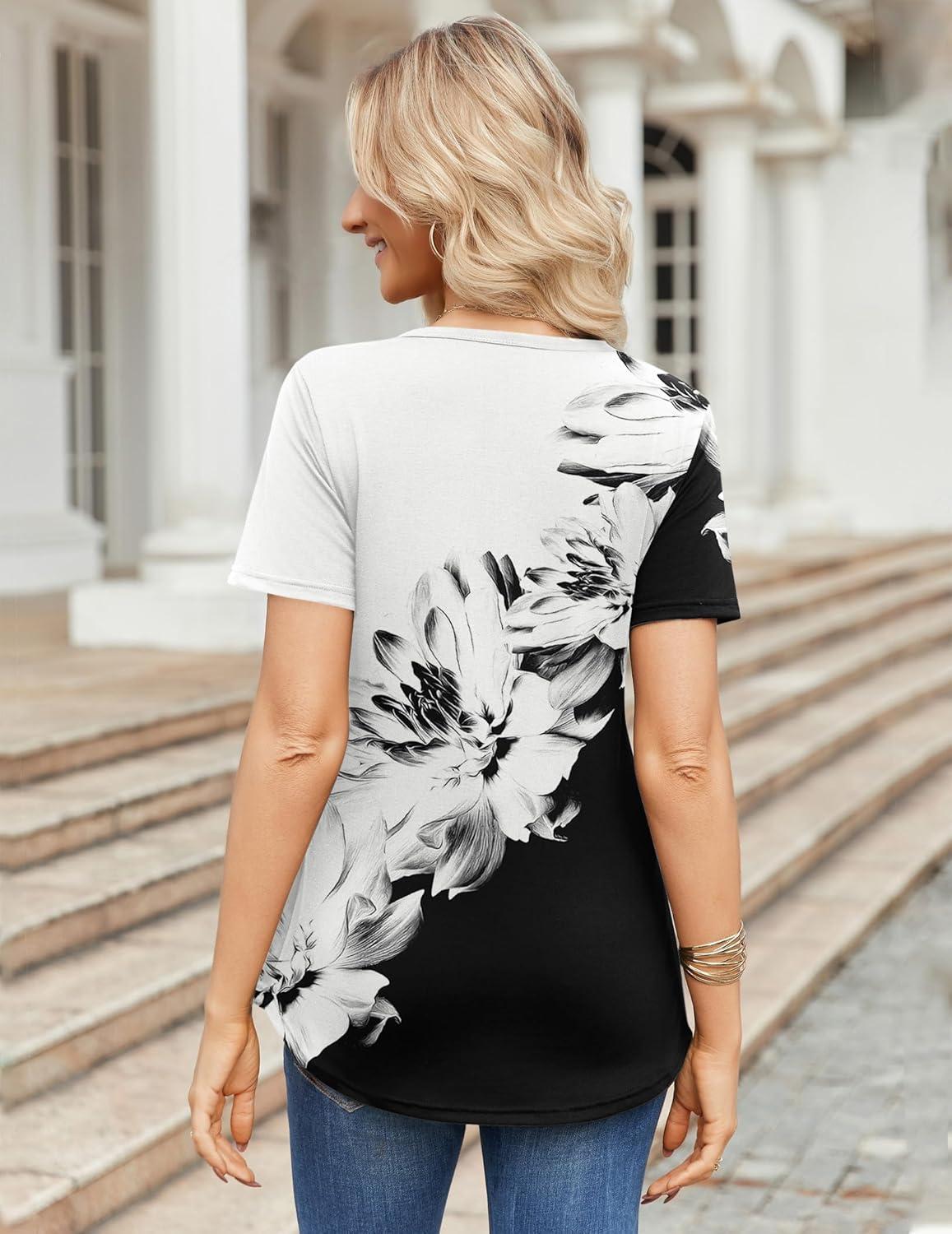 imageZeagoo Womens Short Sleeve Tops Summer Henley VNeck Tshirts Casual Pleated Blouse Dressy Loose Floral Basic TeeWhiteblack Floral