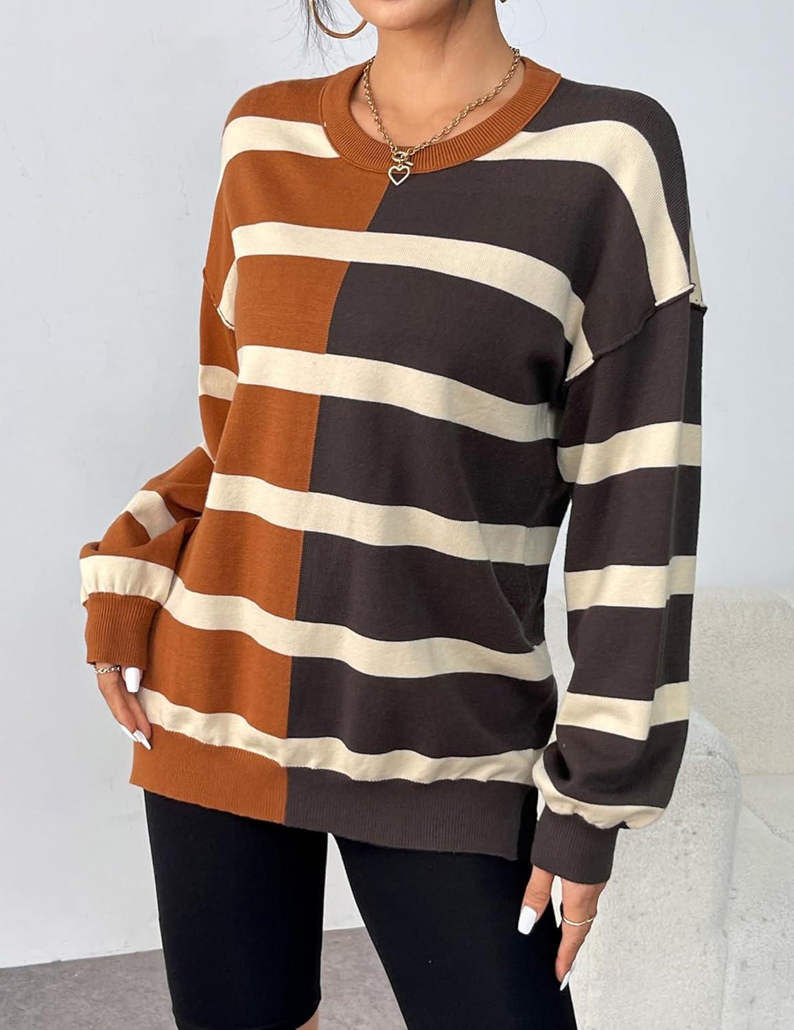 imageZeagoo Womens Striped Oversized Sweater 2025 Crew Neck Long Sleeve Knitted Color Block Casual Loose Pullover TopBrownblack Stripe