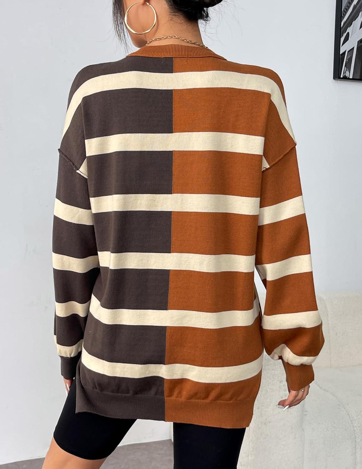 imageZeagoo Womens Striped Oversized Sweater 2025 Crew Neck Long Sleeve Knitted Color Block Casual Loose Pullover TopBrownblack Stripe