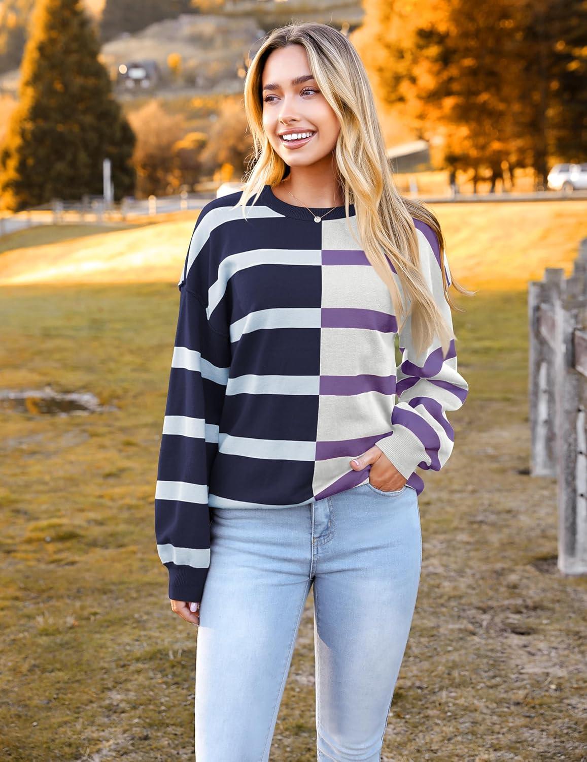 imageZeagoo Womens Striped Oversized Sweater 2025 Crew Neck Long Sleeve Knitted Color Block Casual Loose Pullover TopNavypurple Stripe