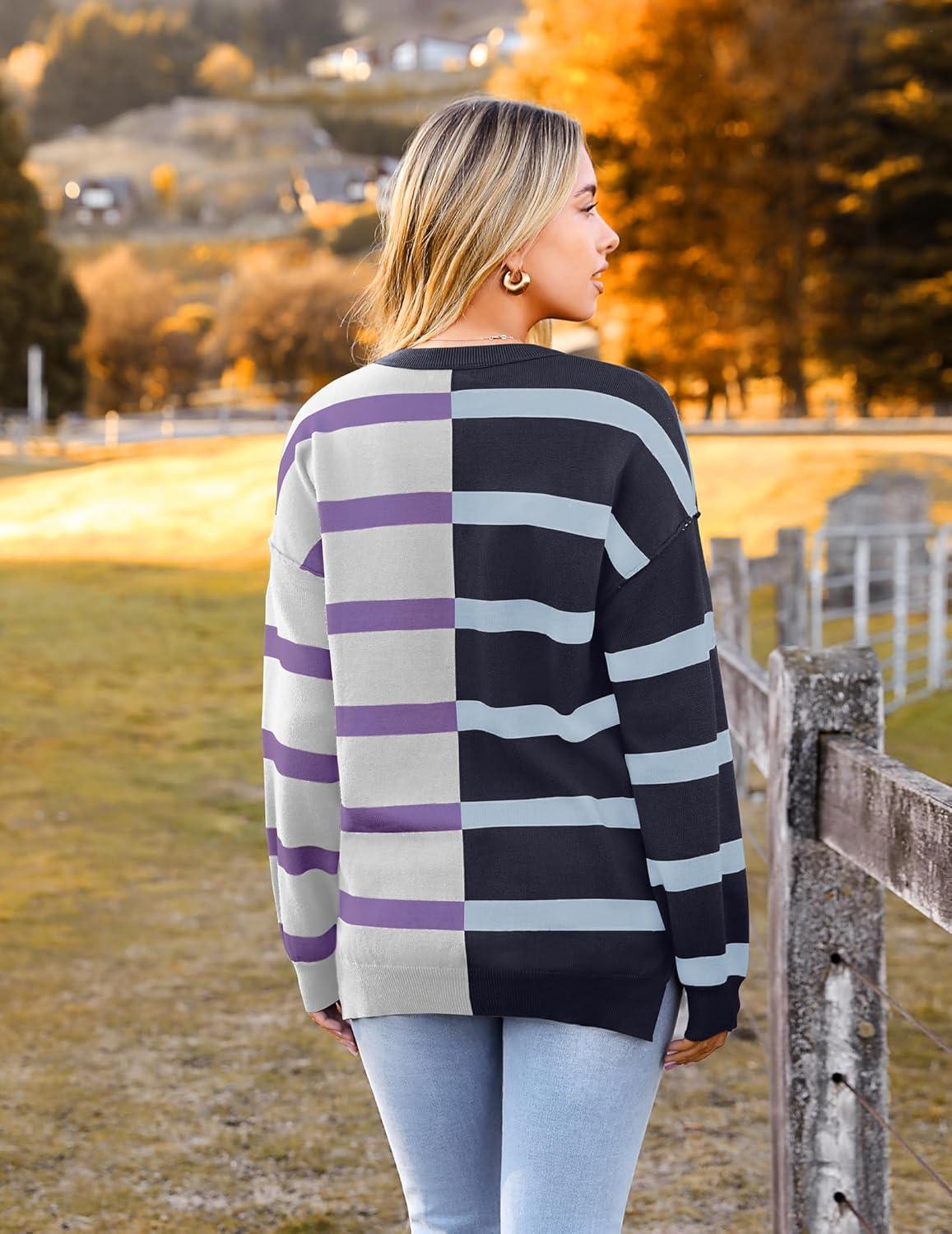 imageZeagoo Womens Striped Oversized Sweater 2025 Crew Neck Long Sleeve Knitted Color Block Casual Loose Pullover TopNavypurple Stripe