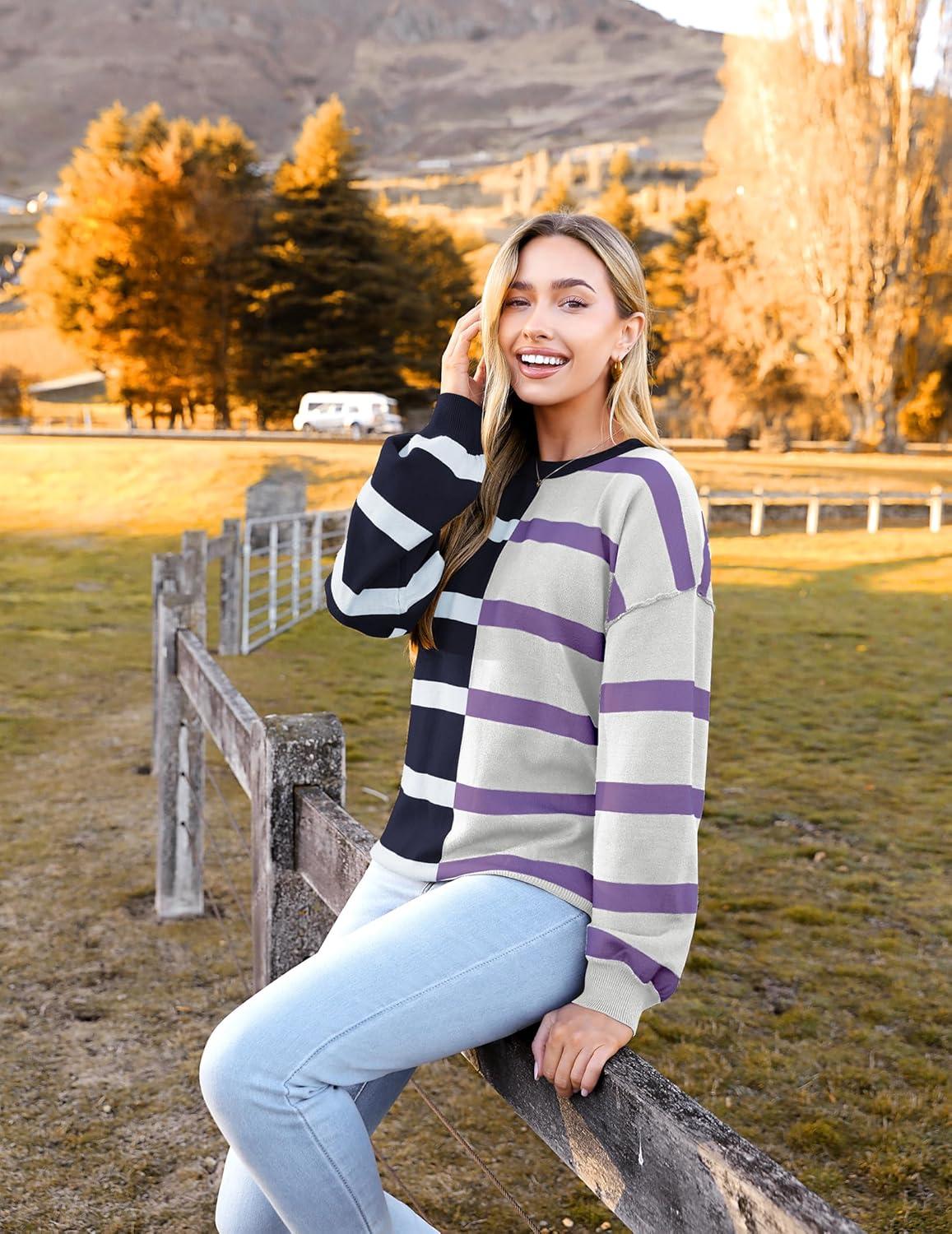 imageZeagoo Womens Striped Oversized Sweater 2025 Crew Neck Long Sleeve Knitted Color Block Casual Loose Pullover TopNavypurple Stripe