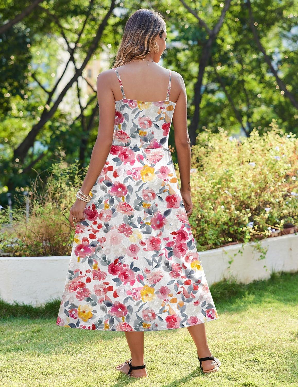 imageZeagoo Womens Summer Casual Boho Sundress Spaghetti Strap Square Neck Flowy Midi Dresses A Line Beach Dress with Pockets03pink Floral