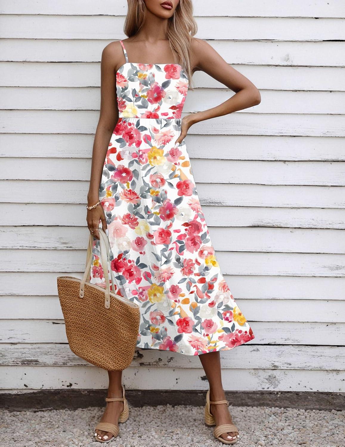 imageZeagoo Womens Summer Casual Boho Sundress Spaghetti Strap Square Neck Flowy Midi Dresses A Line Beach Dress with Pockets03pink Floral