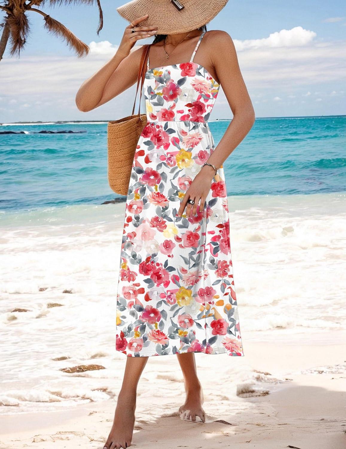 imageZeagoo Womens Summer Casual Boho Sundress Spaghetti Strap Square Neck Flowy Midi Dresses A Line Beach Dress with Pockets03pink Floral