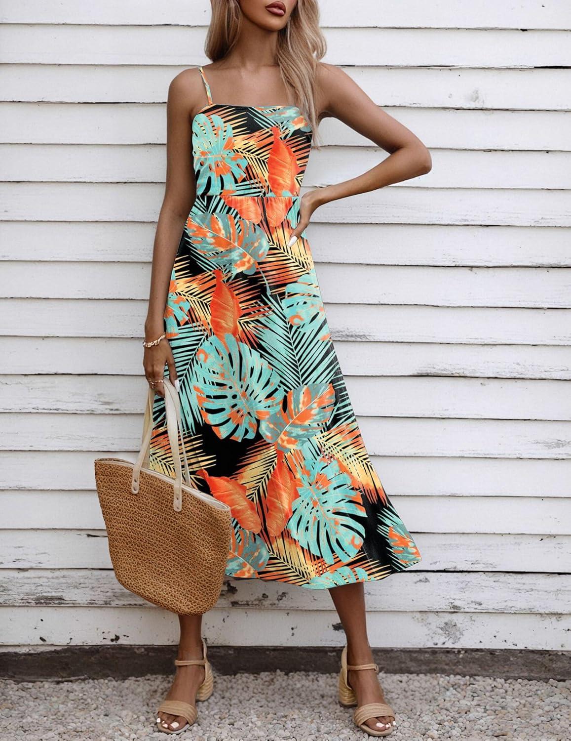 imageZeagoo Womens Summer Casual Boho Sundress Spaghetti Strap Square Neck Flowy Midi Dresses A Line Beach Dress with PocketsA02green Leaves