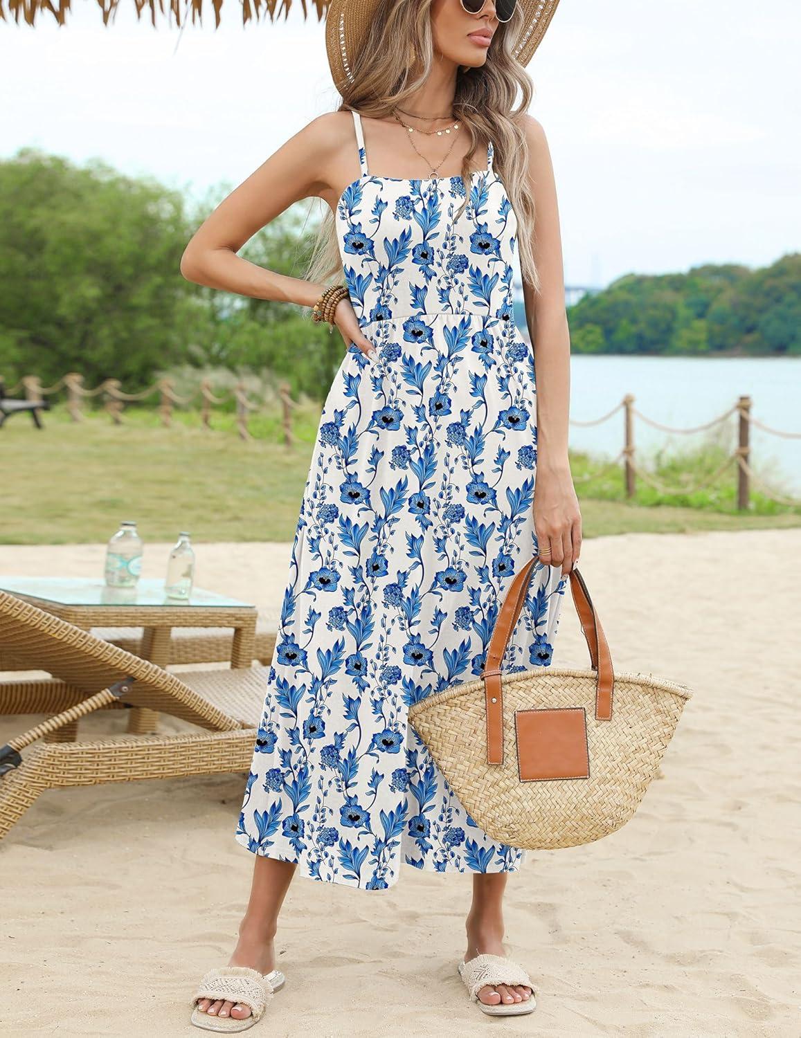 imageZeagoo Womens Summer Casual Boho Sundress Spaghetti Strap Square Neck Flowy Midi Dresses A Line Beach Dress with PocketsA03white Blue Floral
