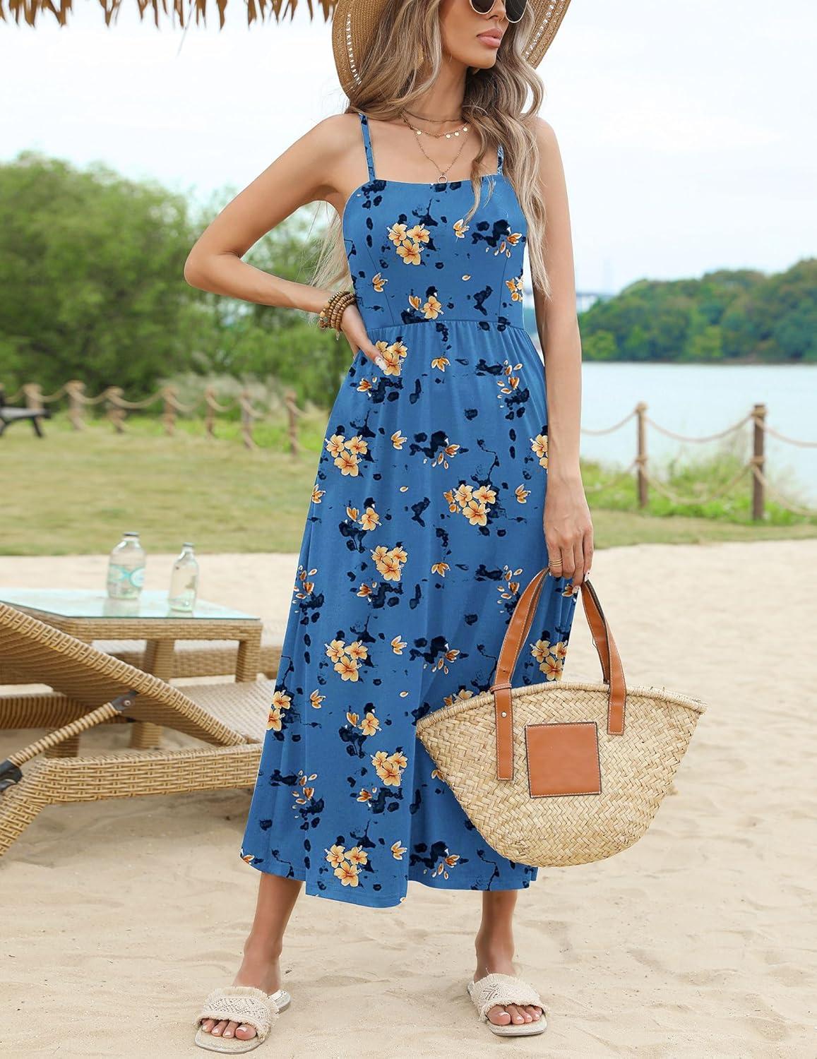 imageZeagoo Womens Summer Casual Boho Sundress Spaghetti Strap Square Neck Flowy Midi Dresses A Line Beach Dress with PocketsBf165