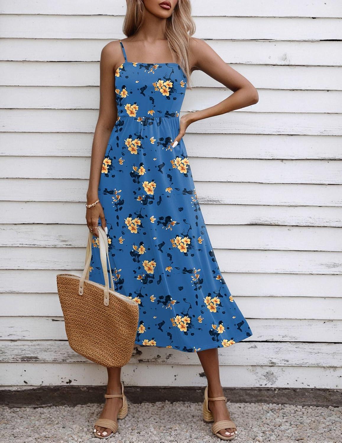 imageZeagoo Womens Summer Casual Boho Sundress Spaghetti Strap Square Neck Flowy Midi Dresses A Line Beach Dress with PocketsBf165