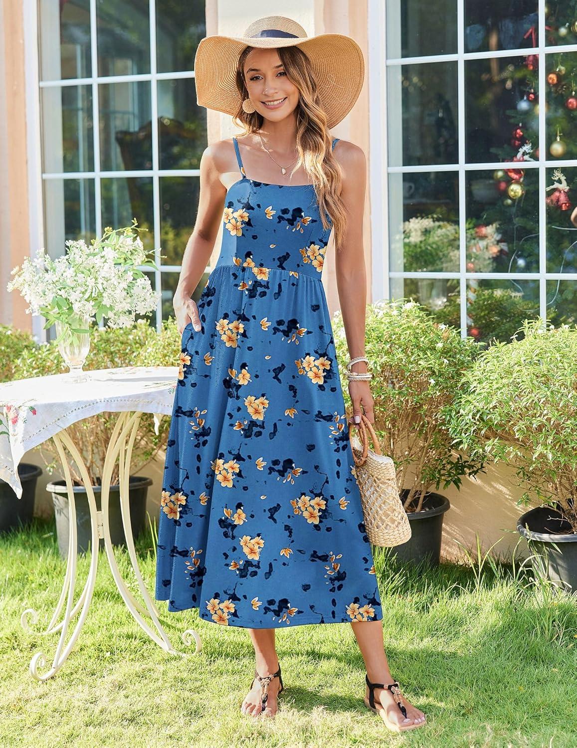 imageZeagoo Womens Summer Casual Boho Sundress Spaghetti Strap Square Neck Flowy Midi Dresses A Line Beach Dress with PocketsBf165