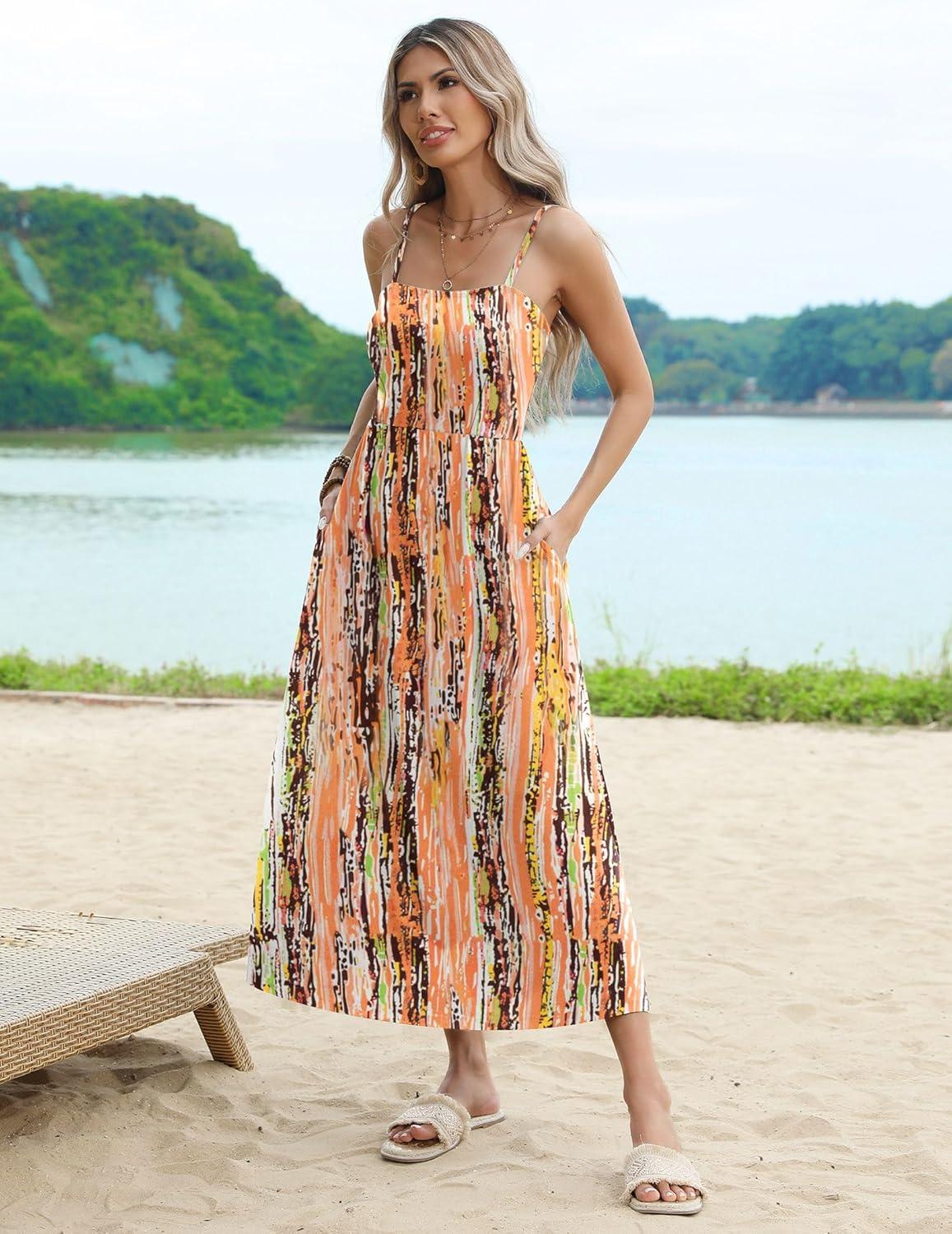 imageZeagoo Womens Summer Casual Boho Sundress Spaghetti Strap Square Neck Flowy Midi Dresses A Line Beach Dress with PocketsCx258