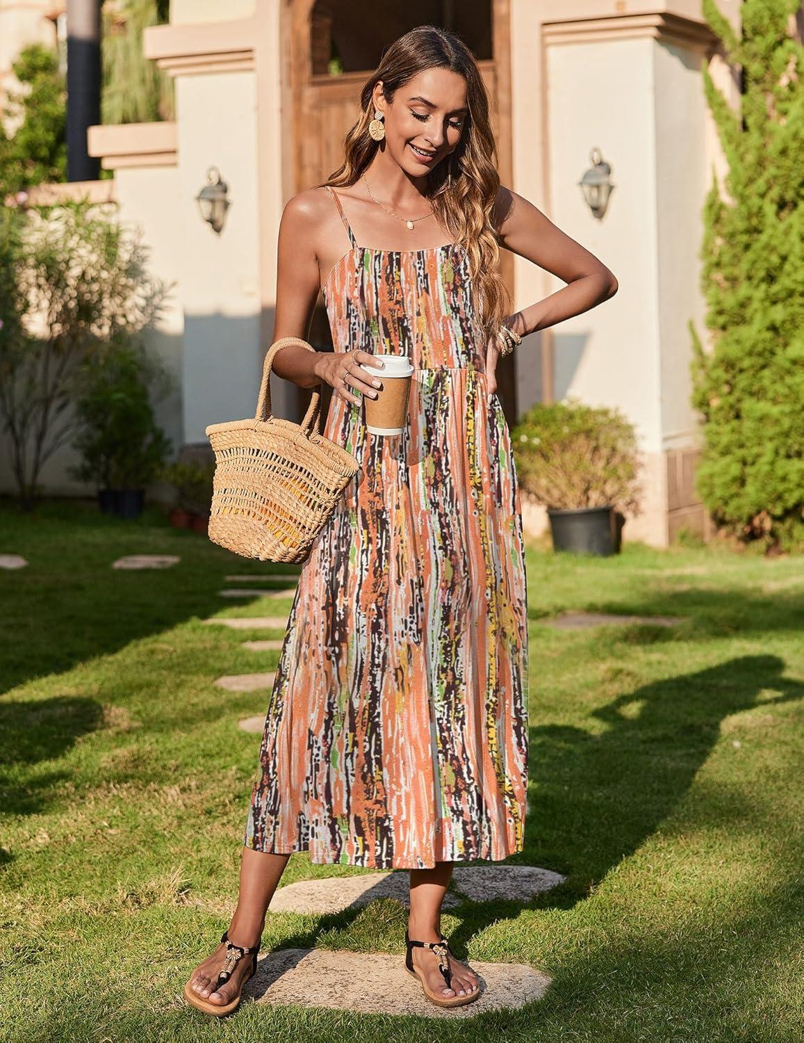 imageZeagoo Womens Summer Casual Boho Sundress Spaghetti Strap Square Neck Flowy Midi Dresses A Line Beach Dress with PocketsCx258