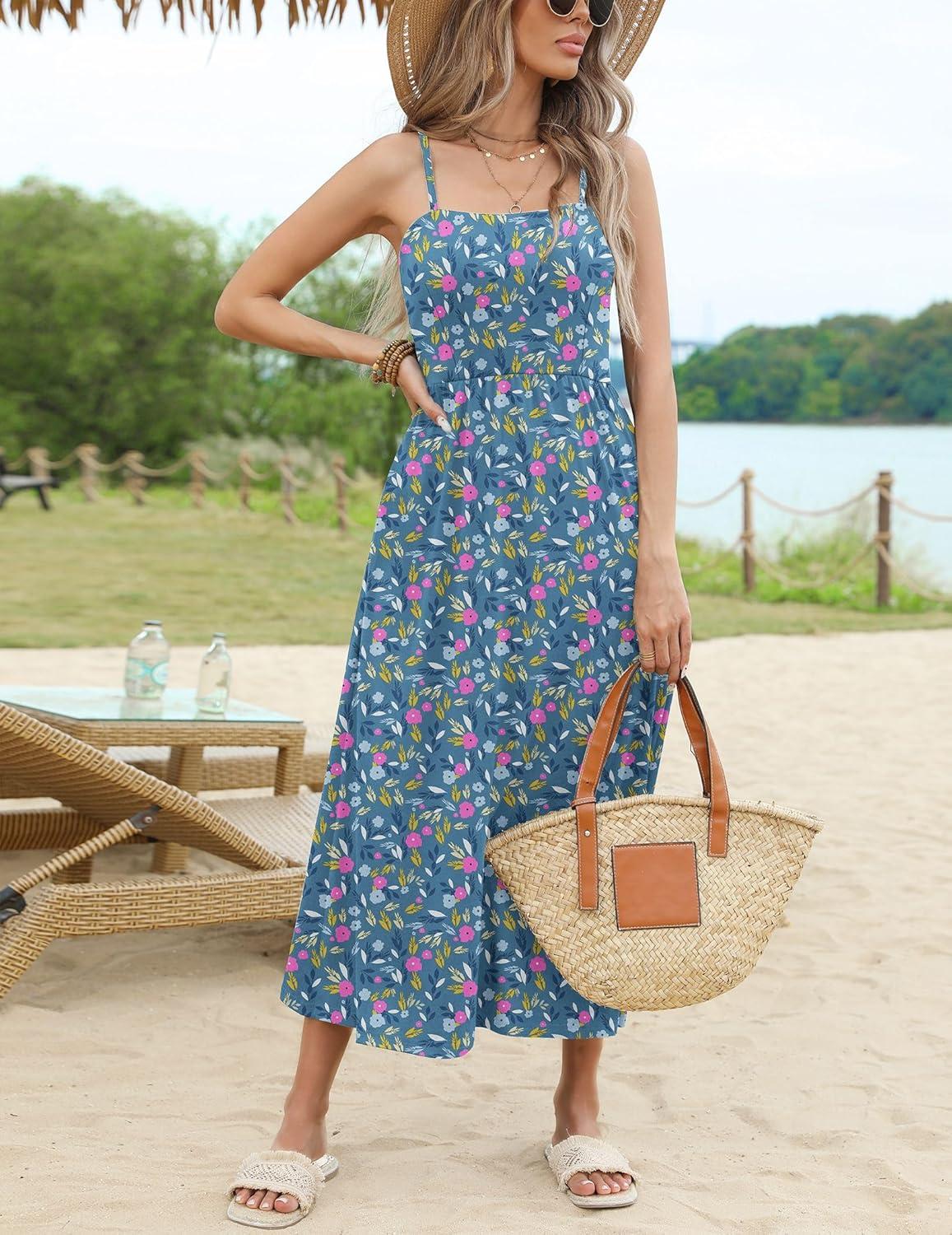 imageZeagoo Womens Summer Casual Boho Sundress Spaghetti Strap Square Neck Flowy Midi Dresses A Line Beach Dress with PocketsXh444