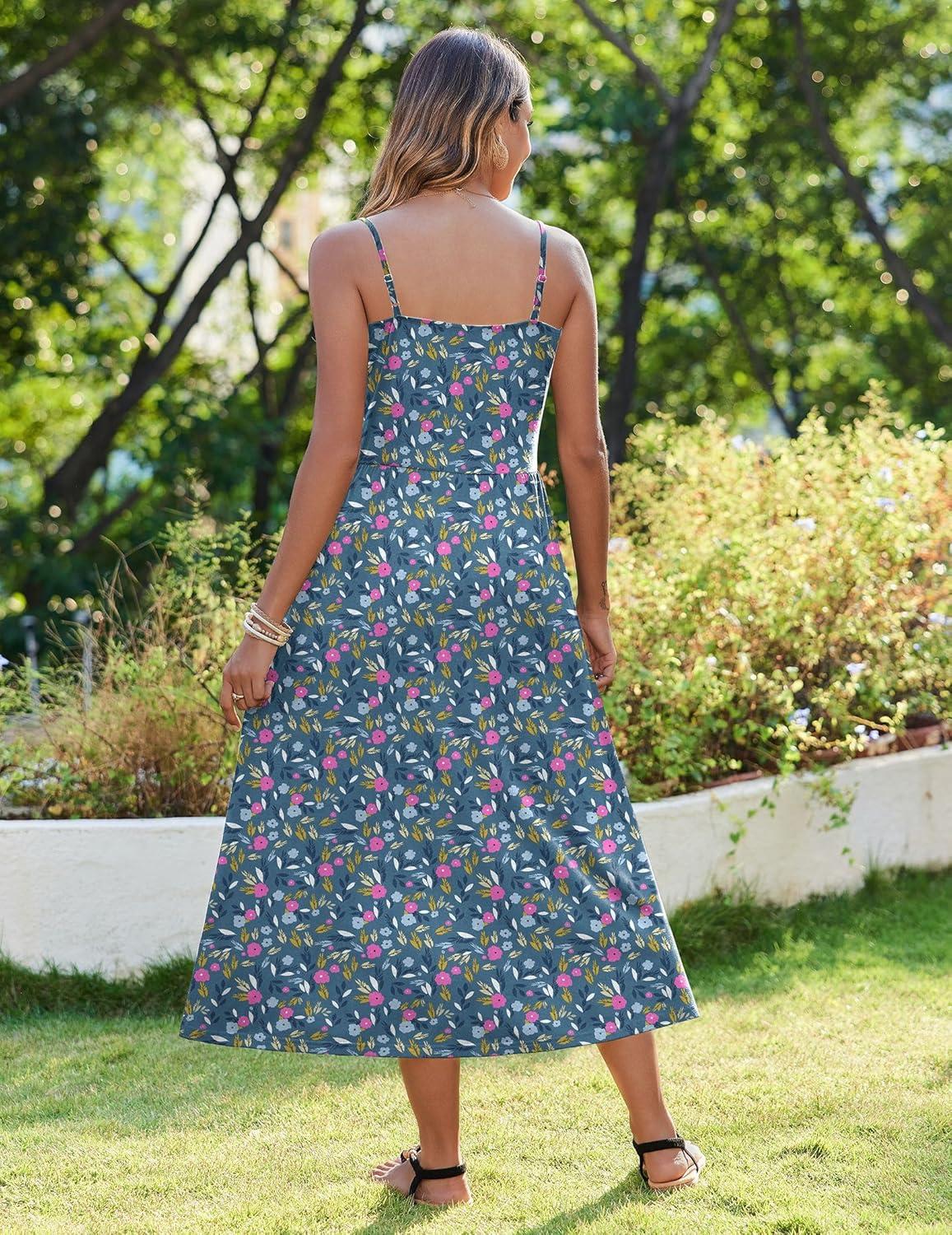 imageZeagoo Womens Summer Casual Boho Sundress Spaghetti Strap Square Neck Flowy Midi Dresses A Line Beach Dress with PocketsXh444