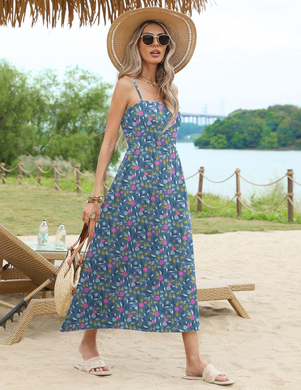 imageZeagoo Womens Summer Casual Boho Sundress Spaghetti Strap Square Neck Flowy Midi Dresses A Line Beach Dress with PocketsXh444